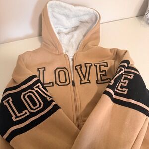 Yuna Women Tan Sherpa Lined Full Zip Love Graphic Hoodie Sweatshirt Large
